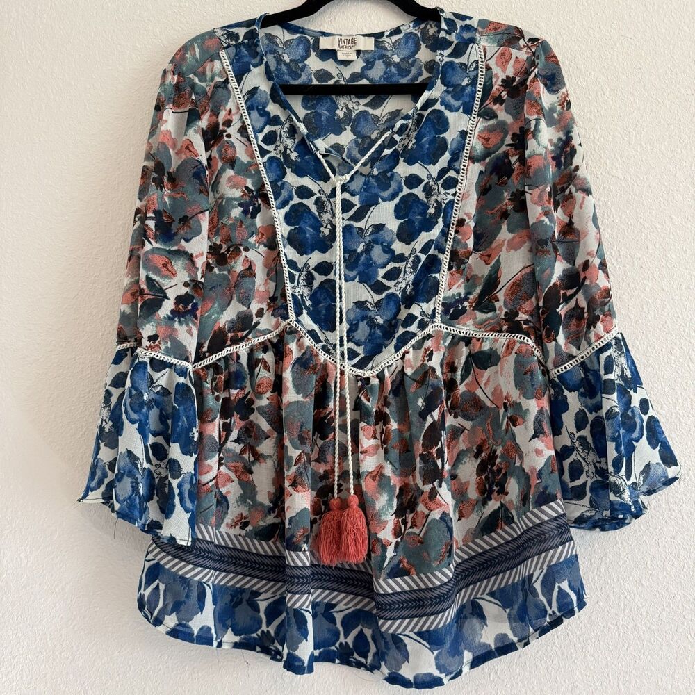 Vintage America Blues Womens Peasant Top Blouse Small Big Floral Print Bell Slv